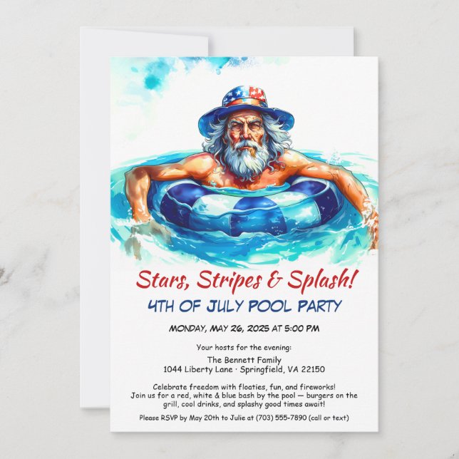 4 juli poolparty-inbjudan – Patriotisk Inbjudningar (Framsida)