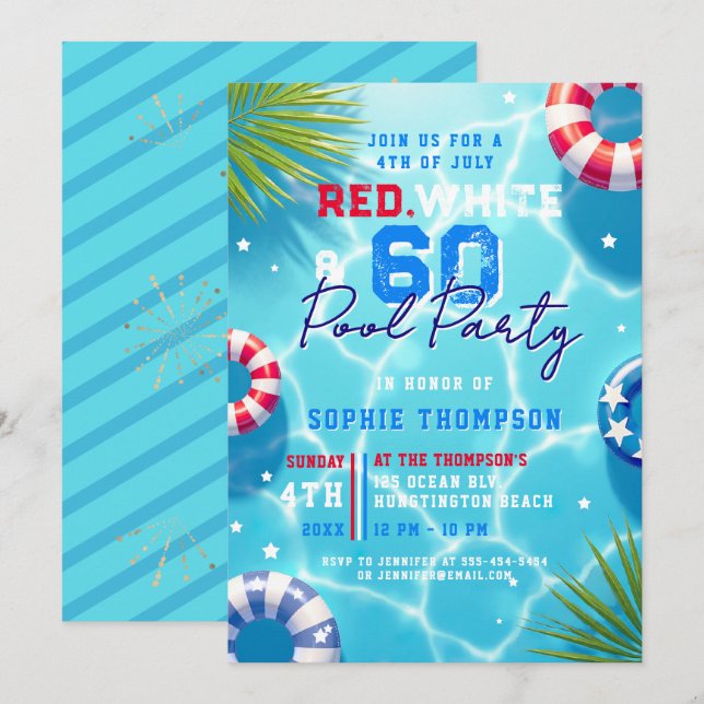 4 juli Poolparty Kvinna Modern 60-års födelsedag Inbjudningar (Fram/baksida)