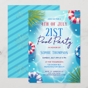 4 juli Poolparty Kvinna Trendig 21-årsfest Inbjudningar