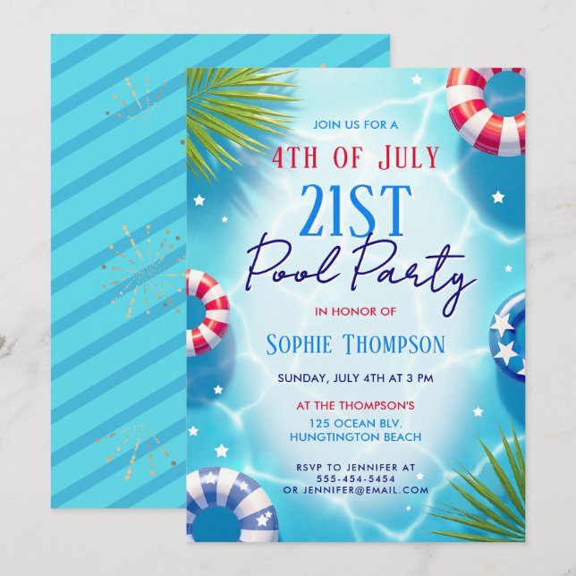4 juli Poolparty Kvinna Trendig 21-årsfest Inbjudningar (Fram/baksida)