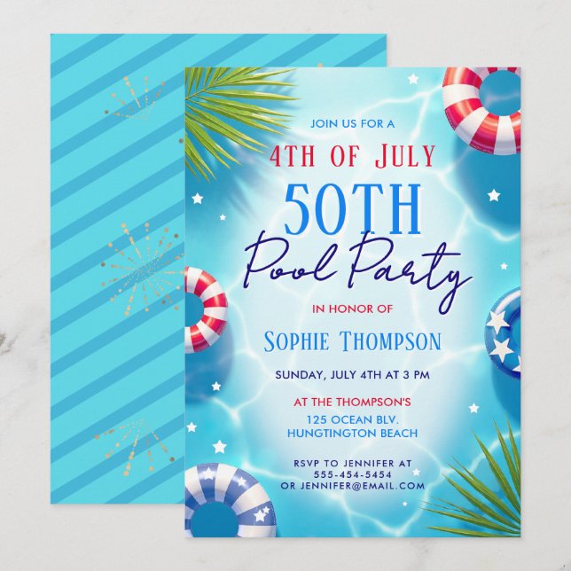 4 juli Poolparty Kvinna Trendig 50-års Födelsedags Inbjudningar (Fram/baksida)