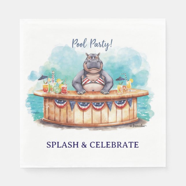 4 juli poolparty med flodhäst i bikini pappersservett (Framsidan)