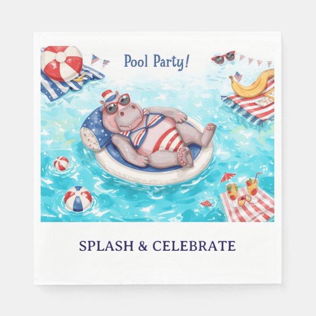 4 juli poolparty med flodhäst i bikini pappersservett (Framsidan)