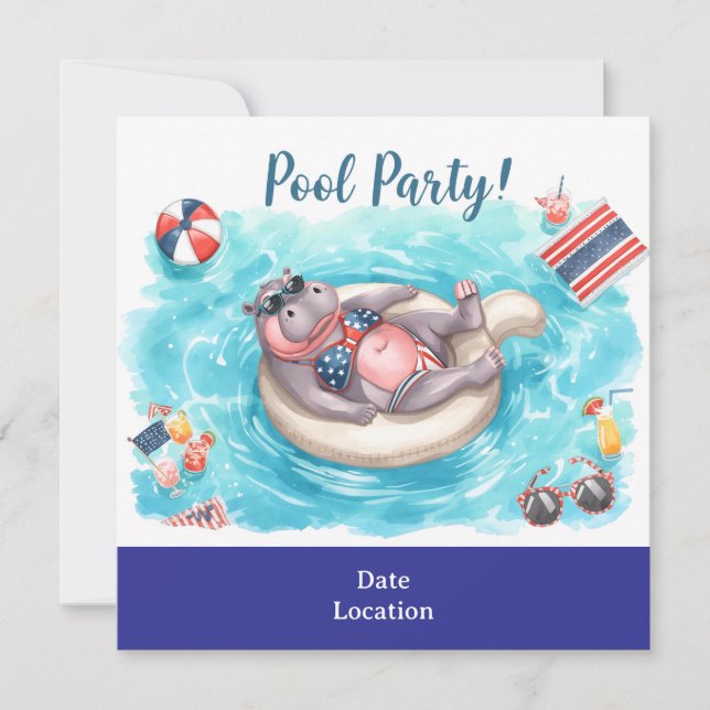 4 juli poolparty med flodhäst i bikini spara datumet (Framsida)