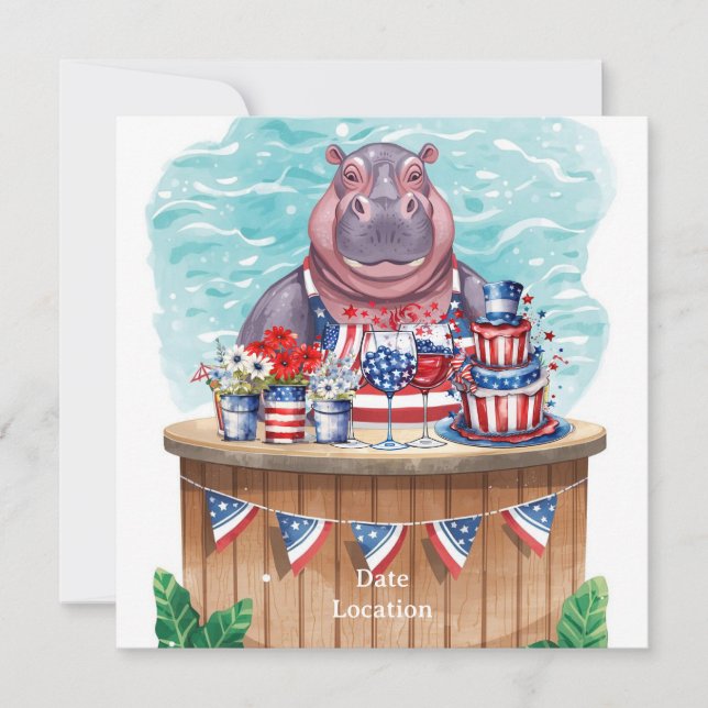 4 juli poolparty med flodhäst i bikini spara datumet (Framsida)
