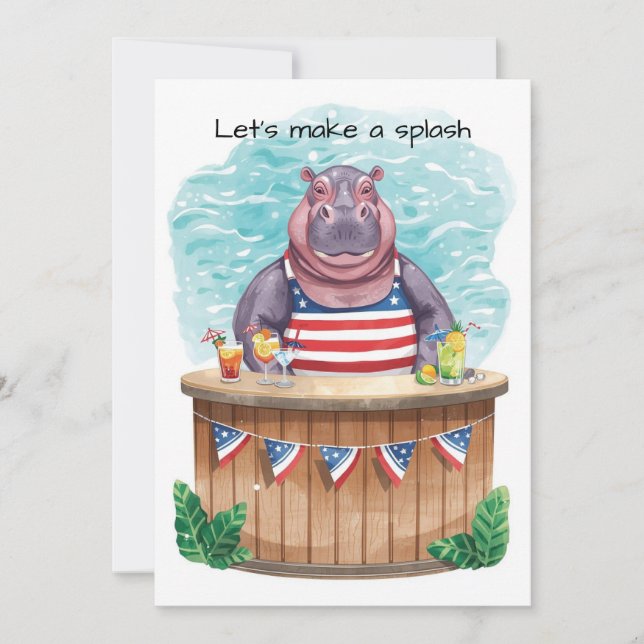 4 juli poolparty med flodhäst  inbjudningar (Framsida)