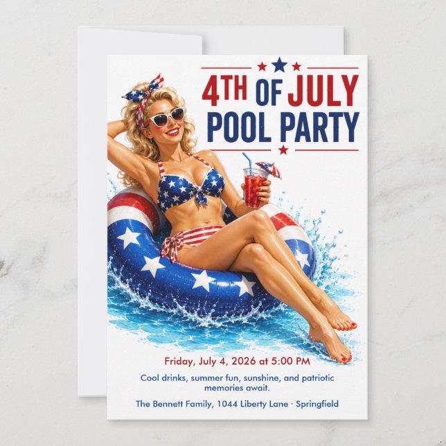 4 juli poolparty - Patriotisk Retro Glam Inbjudningar (Framsida)