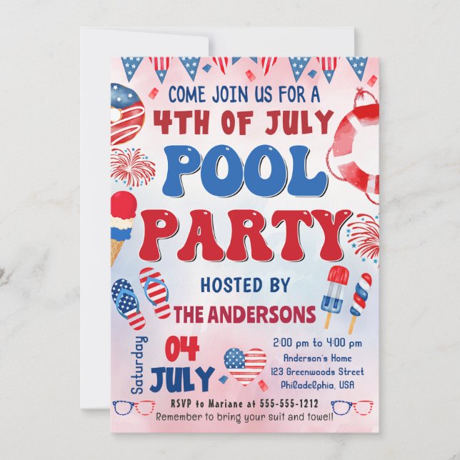4 juli poolparty sommarinbjudan inbjudningar (Framsida)