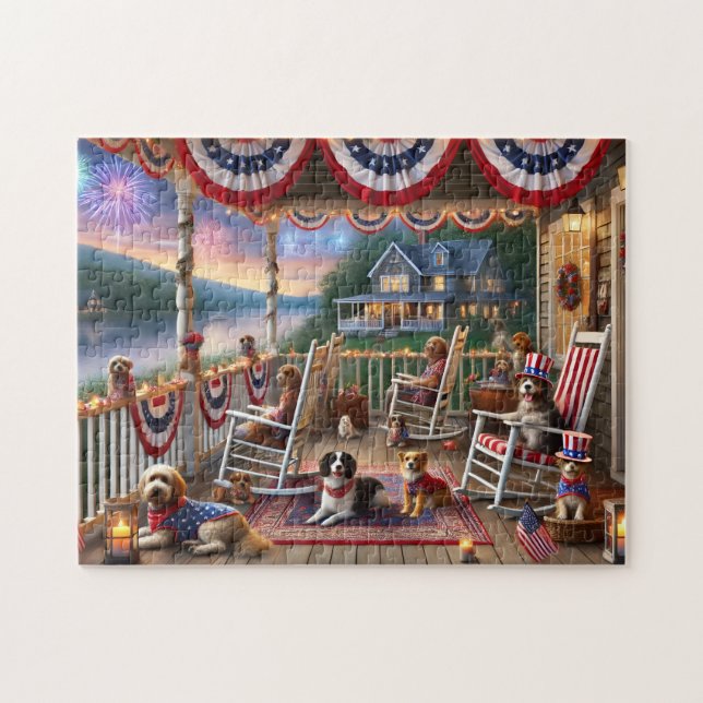 4 juli Porch Dogs Fireworks Sommar Natt  Pussel (Horisontell)