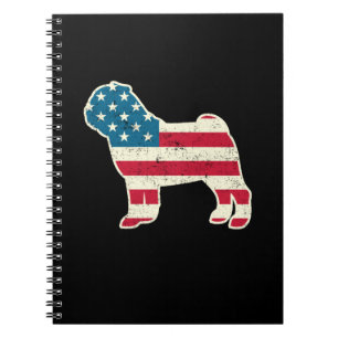 4 juli Pug Hund American Flagga USA Anteckningsbok