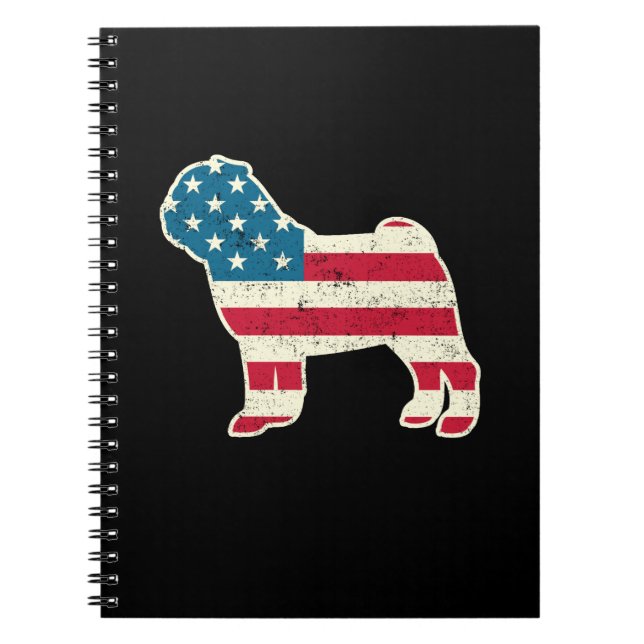 4 juli Pug Hund American Flagga USA Anteckningsbok (Framsidan)