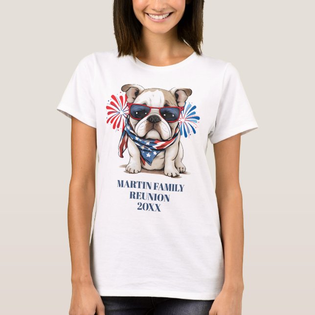 4 juli Red Blue Bulldog Family Reunion T Shirt (Framsida)