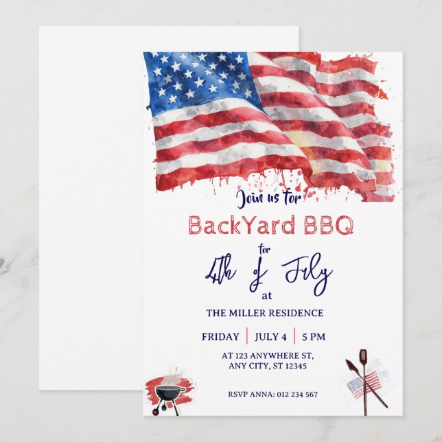 4 juli röd vit blå USA grillfest  Inbjudningar (Fram/baksida)
