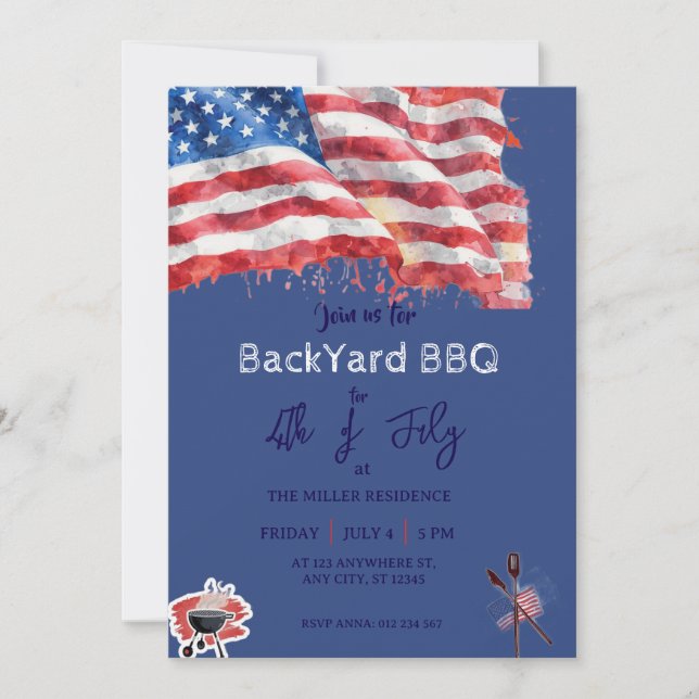 4 juli röd vit blå USA grillfest  Inbjudningar (Framsida)