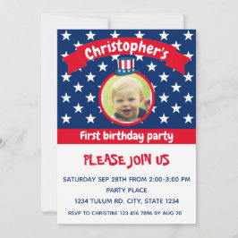 4 juli | Röd vit och blå | Första födelsedag Inbjudningar