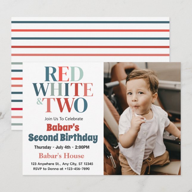 4 juli röd vit och två pojke 2-årsdag  inbjudningar (Fram/baksida)