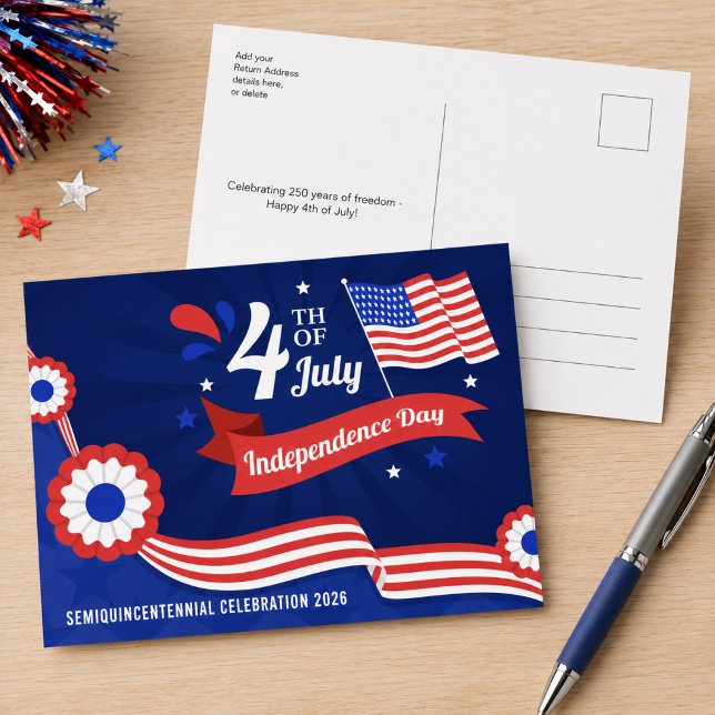 4 juli-semikvinkentenniumfirande 2026 vykort (Amend the front text caption, and add return address & your greeting on the back to personalize.)