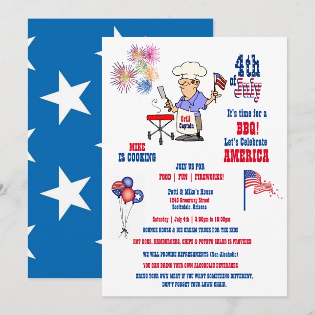 4 juli självständighetsdag BBQ fyrverkerier  Inbjudningar (Fram/baksida)