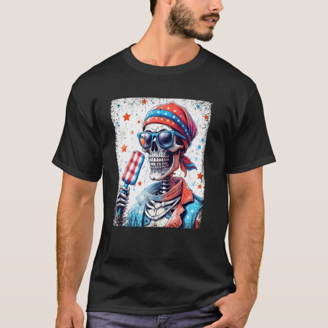4 juli skelett Popsicle solglasögon USA Flagga  T Shirt (Framsida)