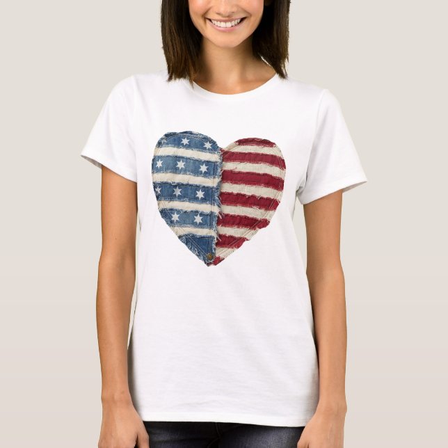 4 juli-skjorta patchwork, retro hjärta Patriotisk T Shirt (Framsida)