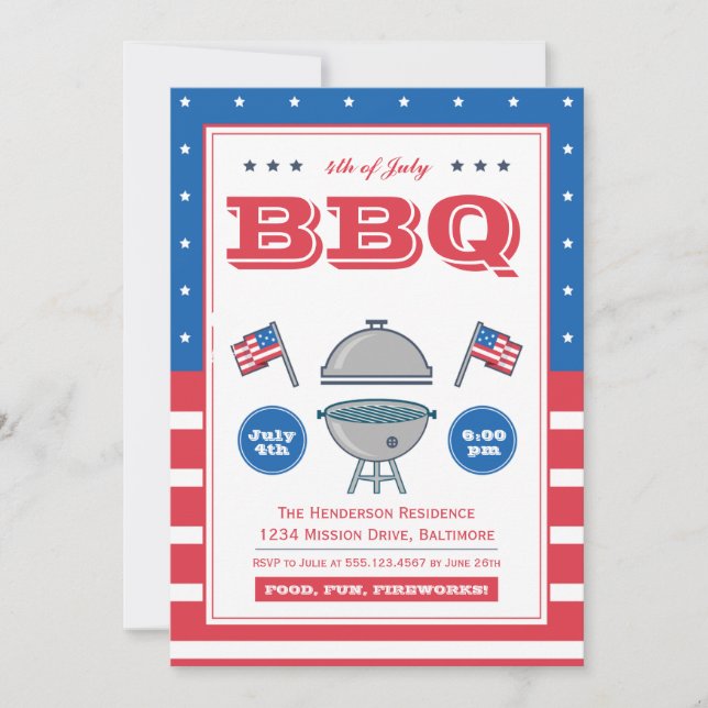4 juli sommargrill Patriotisk flagg BBQ-fest Inbjudningar (Framsida)