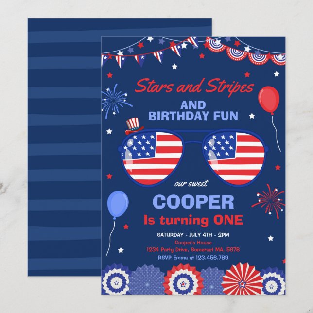 4 juli Stars och stripes 1:a födelsedagen Inbjudningar (Fram/baksida)