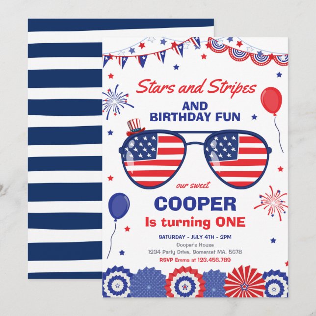 4 juli Stars och stripes 1:a födelsedagen Inbjudningar (Fram/baksida)