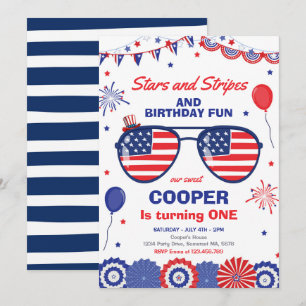4 juli Stars och stripes 1:a födelsedagen Inbjudningar