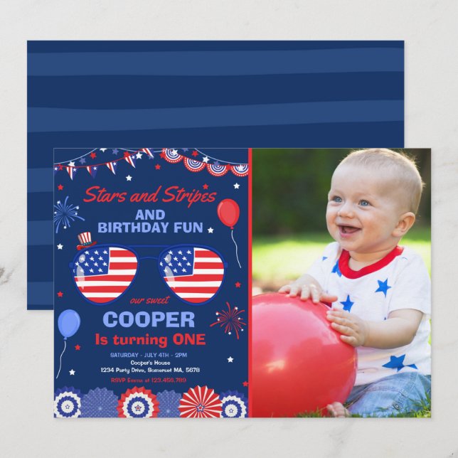 4 juli Stars och stripes 1:a födelsedagen Inbjudningar (Fram/baksida)