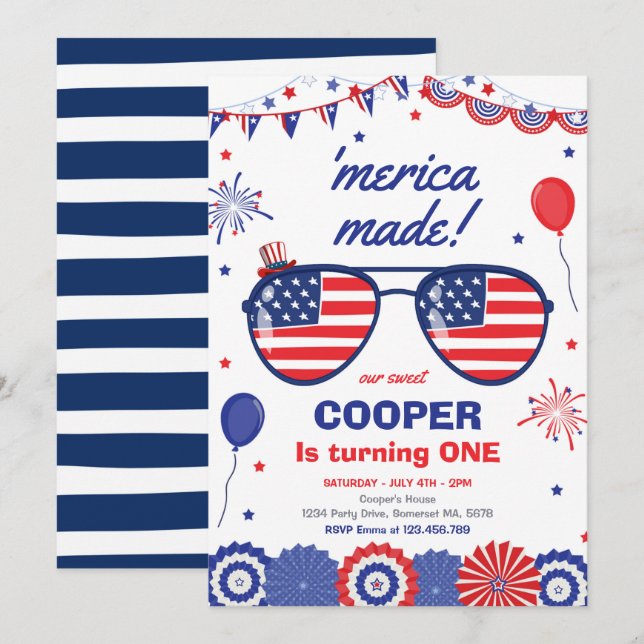 4 juli Stars och stripes 1:a födelsedagen Inbjudningar (Fram/baksida)