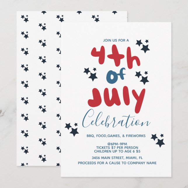 4 juli Stjärnor BBQ  Bubbelbokstav Inbjudan (Fram/baksida)