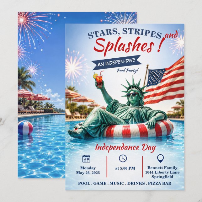 4 juli stjärnor, ränder och plaskande poolfest inbjudningar (Fram/baksida)