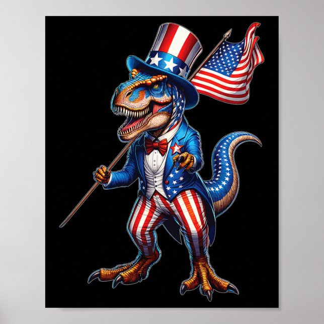 4 juli T-Rex Usa Patriotisk Amerikansk Flagga Dino Poster (Framsidan)