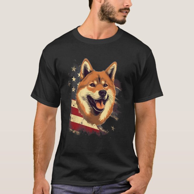 4 juli US Flagga Black och Shiba Inu T Shirt (Framsida)