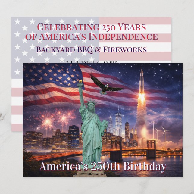4 juli USA 250-års Staty of Liberty Raket Inbjudningar (Fram/baksida)