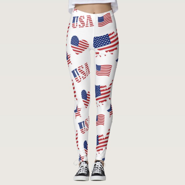 4 juli USA flagga Heart Red Blue White Leggings (Framsida)