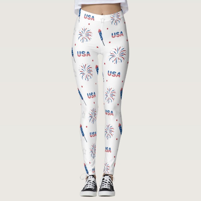 4 juli USA Independence day Firework White Leggings (Framsida)