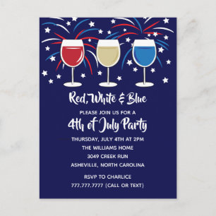 4 juli Vin Rött Vitt och Blått Party Inbjudan Vykort