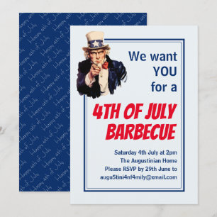 4 JULY BBQ BARBECUE farbror Sam Customized Inbjudningar