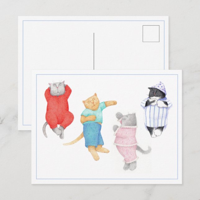 4 KATTER I PAJAMAS-vykort Vykort (Fram/baksida)