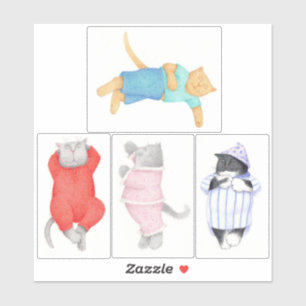 4 KATTER I PYJAMAS 6"X6" Vinyldekal  Klistermärken