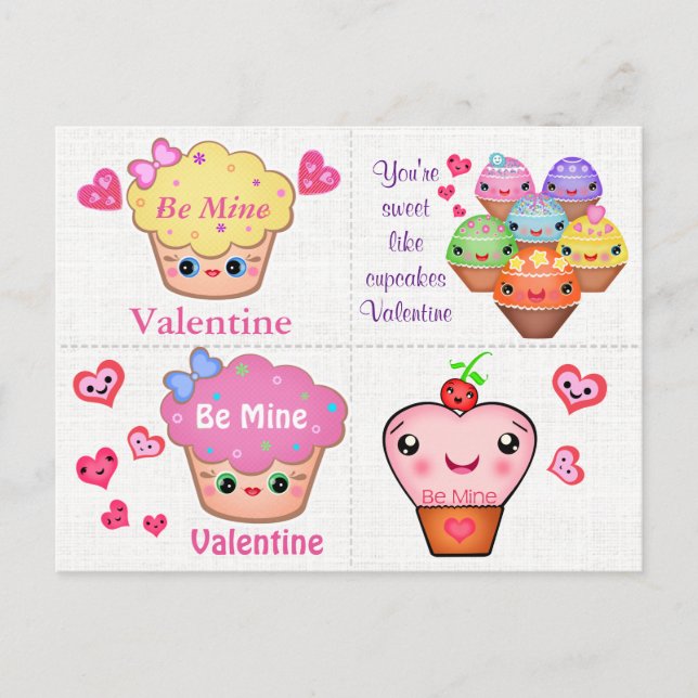 4 Kawaii Cupkaka-Valentineser Helg Vykort (Framsida)