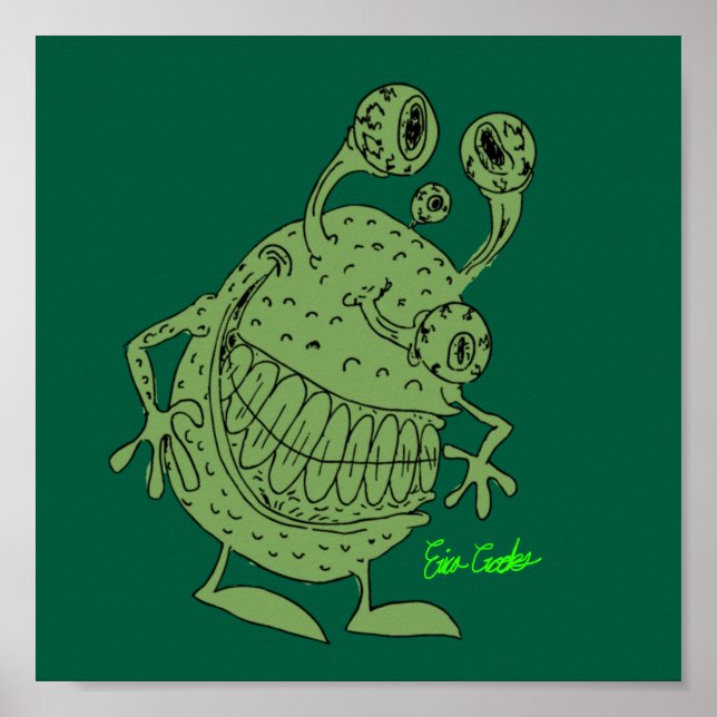 4 ögon grön alien monster helt grön poster (Framsidan)