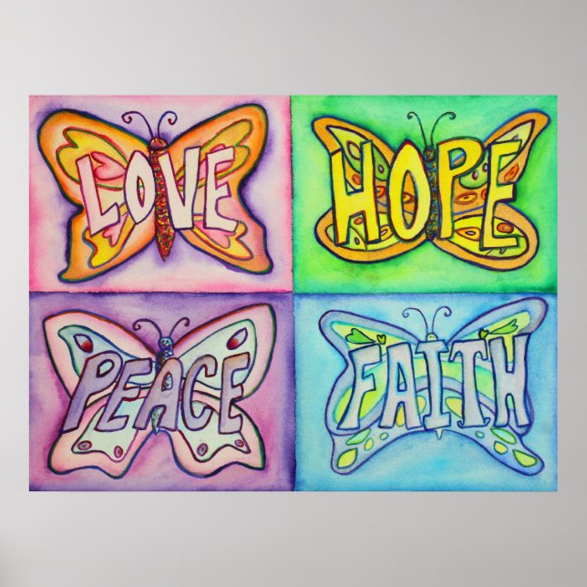 4 Ord Butterfly Vingar inspirationskonst Målning Poster (Framsidan)