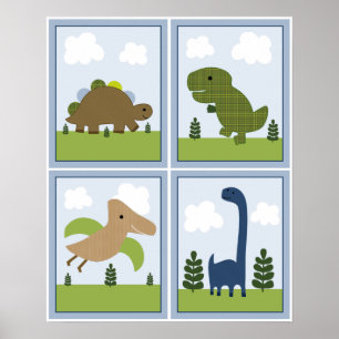 4 på 1 dinosaurier/Dino 8x10 tums Nursery Art Poster