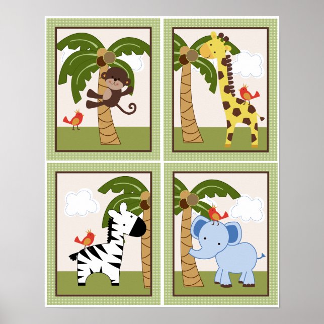 4 på 1 set Jungle Animals 8 x 10 inch Poster (Framsidan)