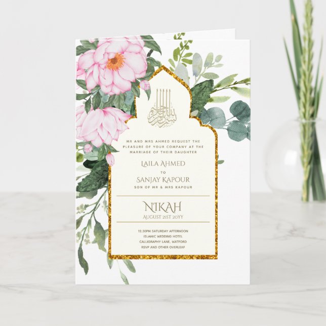 4 Page NIKAH WALIMA Inbjudan Rosa Blommigt Islamic (Framsida)
