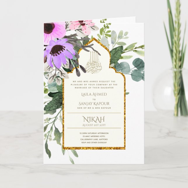 4 Page NIKAH WALIMA Inbjudan Rosa Blommigt Islamic (Framsida)