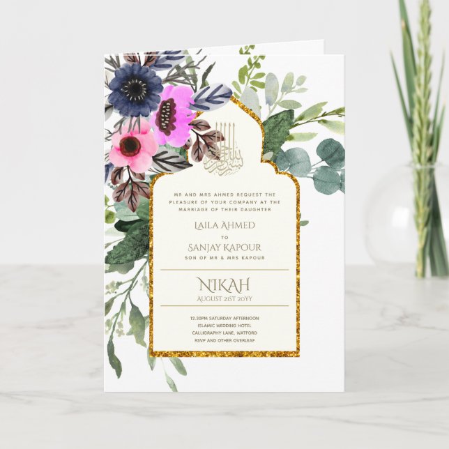 4 Page NIKAH WALIMA Inbjudan Rosa Blommigt Islamic (Framsida)