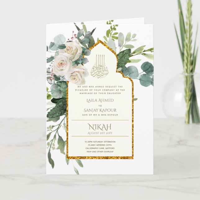 4 Page NIKAH WALIMA Inbjudan Vit ros Islamic Wed (Framsida)